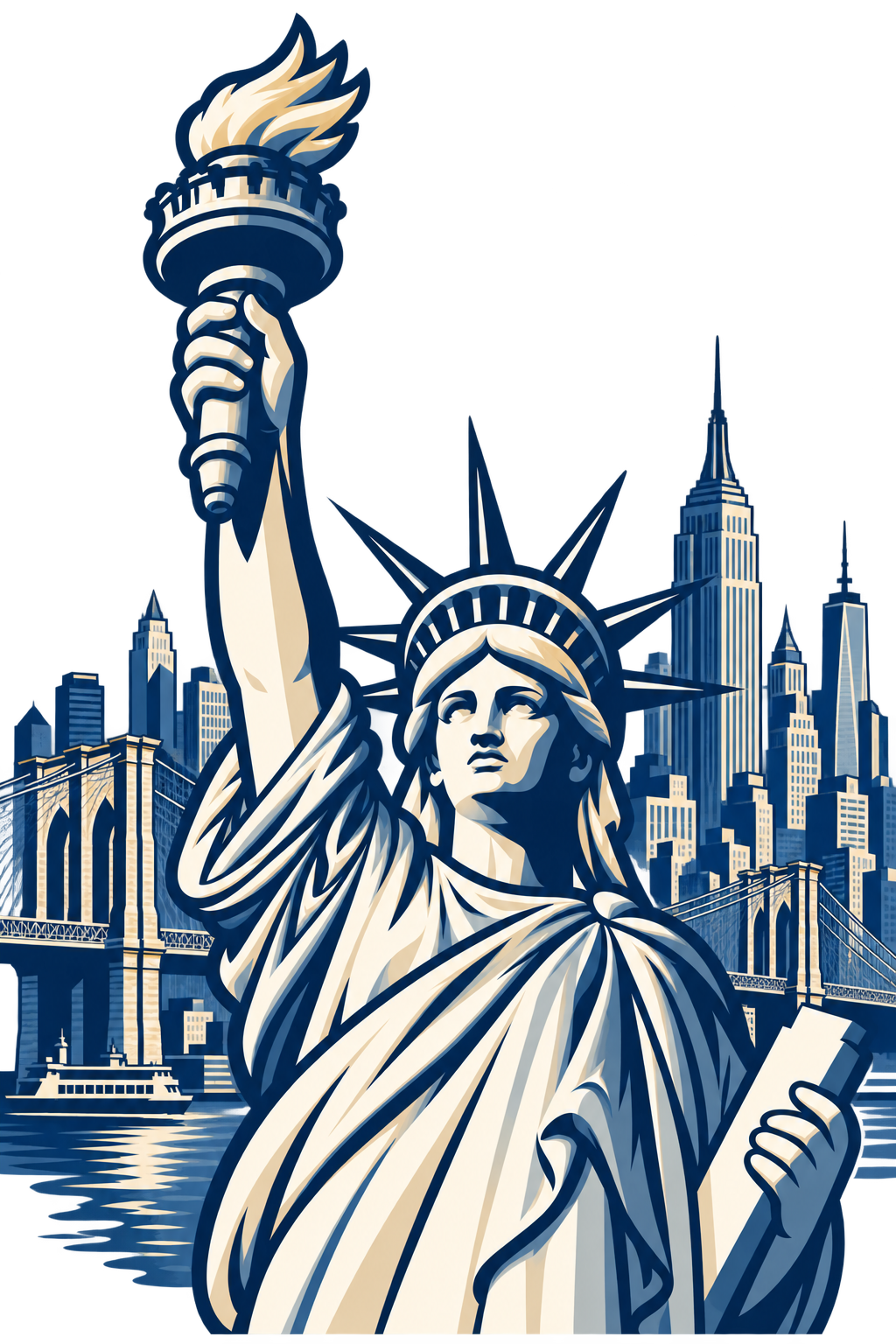 Ilustración de la Estatua de la Libertad con el horizonte de Nueva York y el puente de Brooklyn