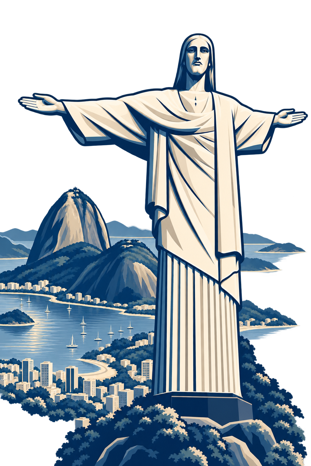 Ilustración del Cristo Redentor con el Pan de Azúcar, la bahía y la ciudad de Río de Janeiro